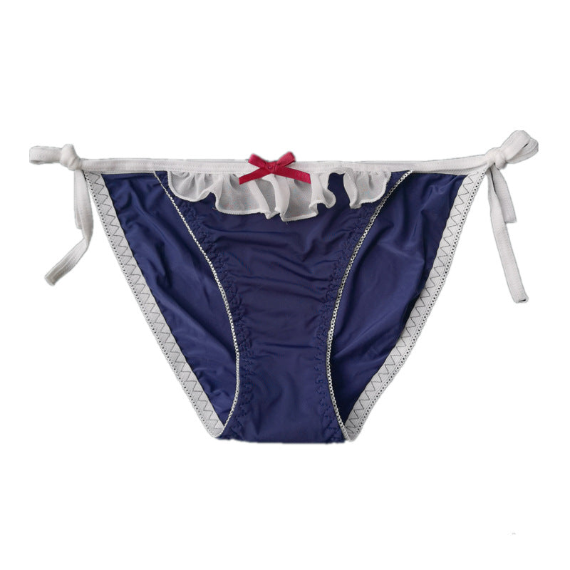 Front view product shot of navy blue Lolita maid lace-up panties with white ruffle trim and red bow – cute femboy panties, kawaii femboy underwear fashion