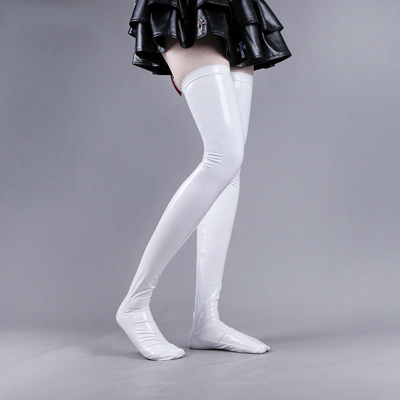 Femboy thigh high stockings white patent leather glossy over knee on model