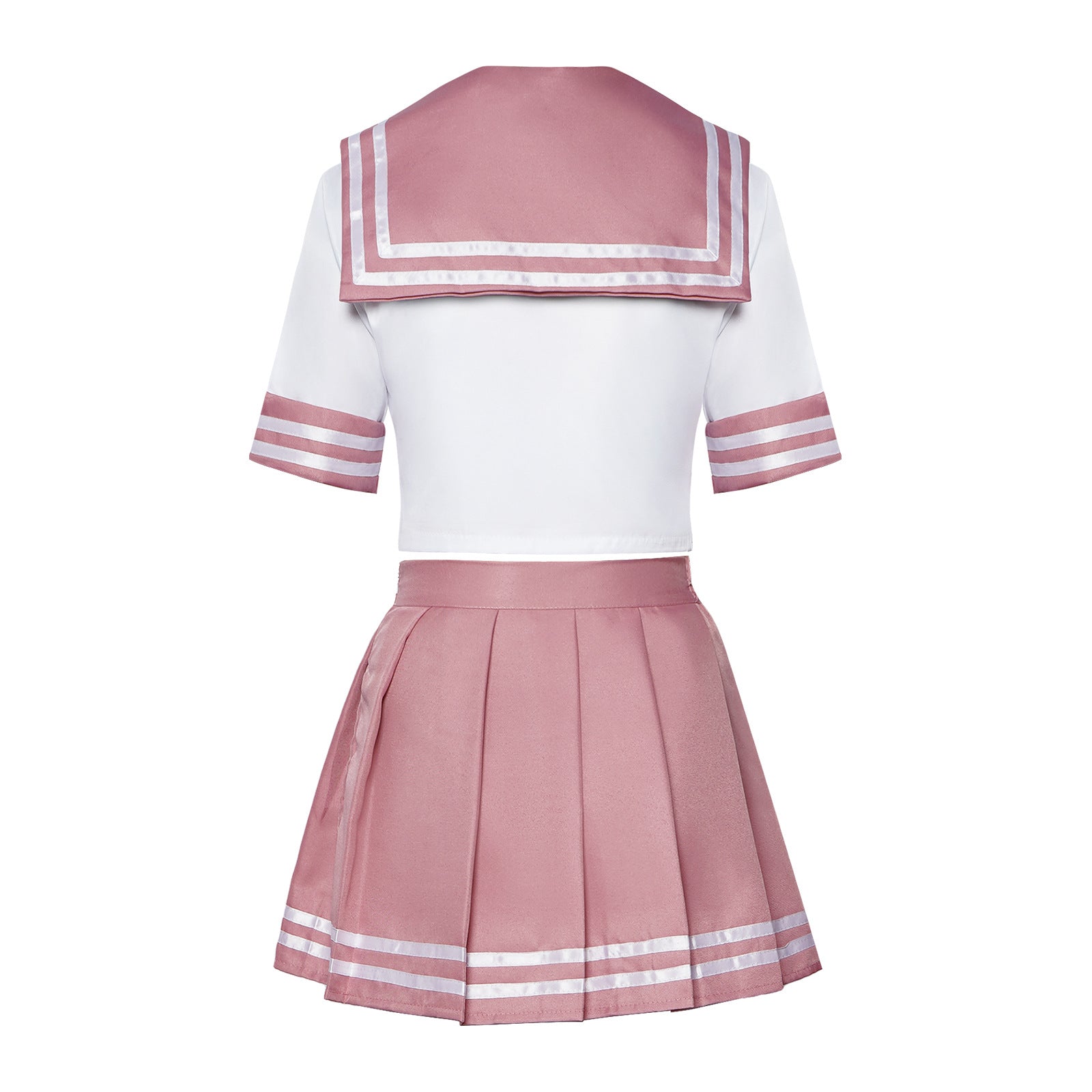 Back view of pink and white Astolfo sailor cosplay set with cropped top, sailor collar, and pleated skirt – stylish femboy cosplay outfit, femboy fashion