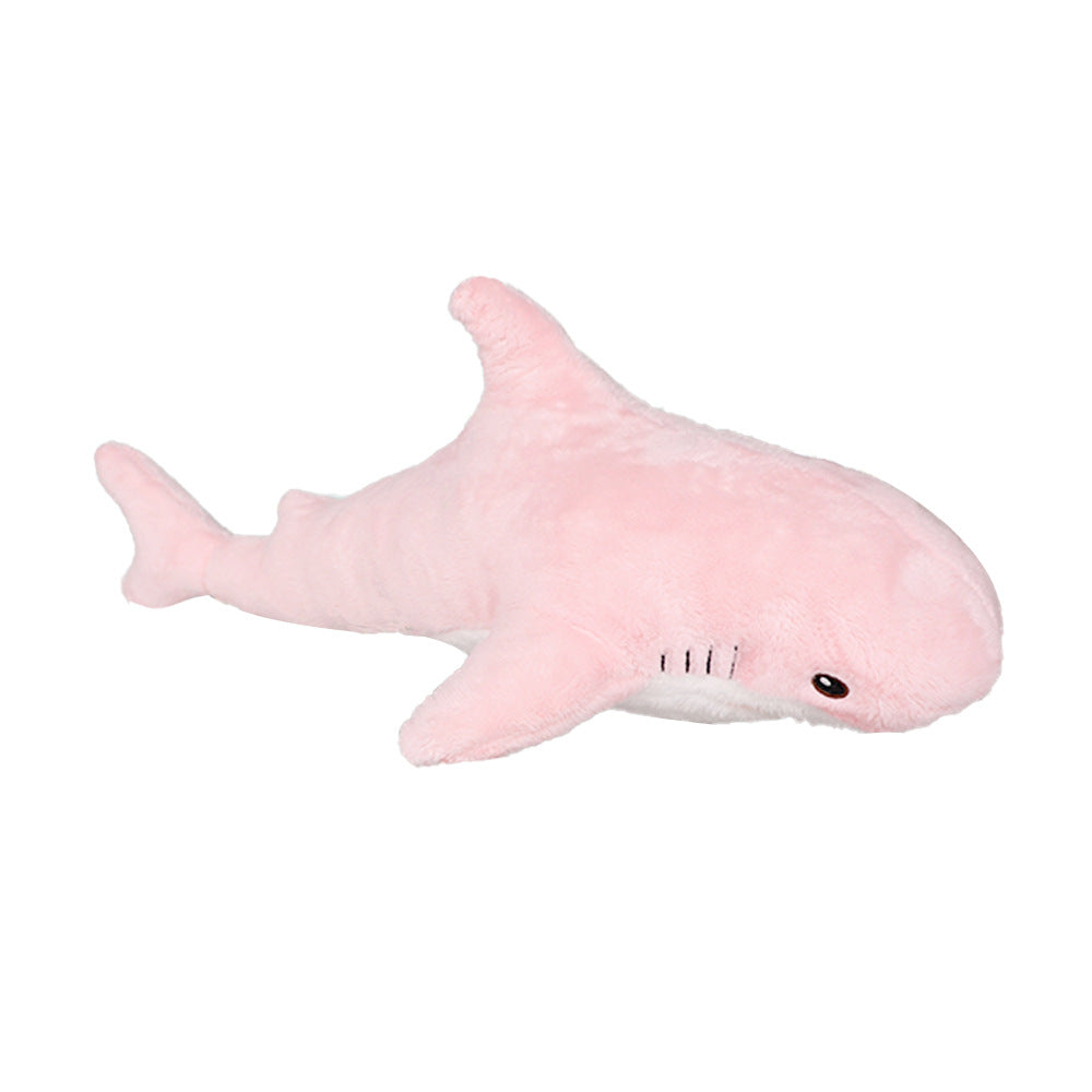 Side view of pink Femboy Blahaj pillow plushie, adorable soft shark plush toy, cute kawaii aesthetic on white background