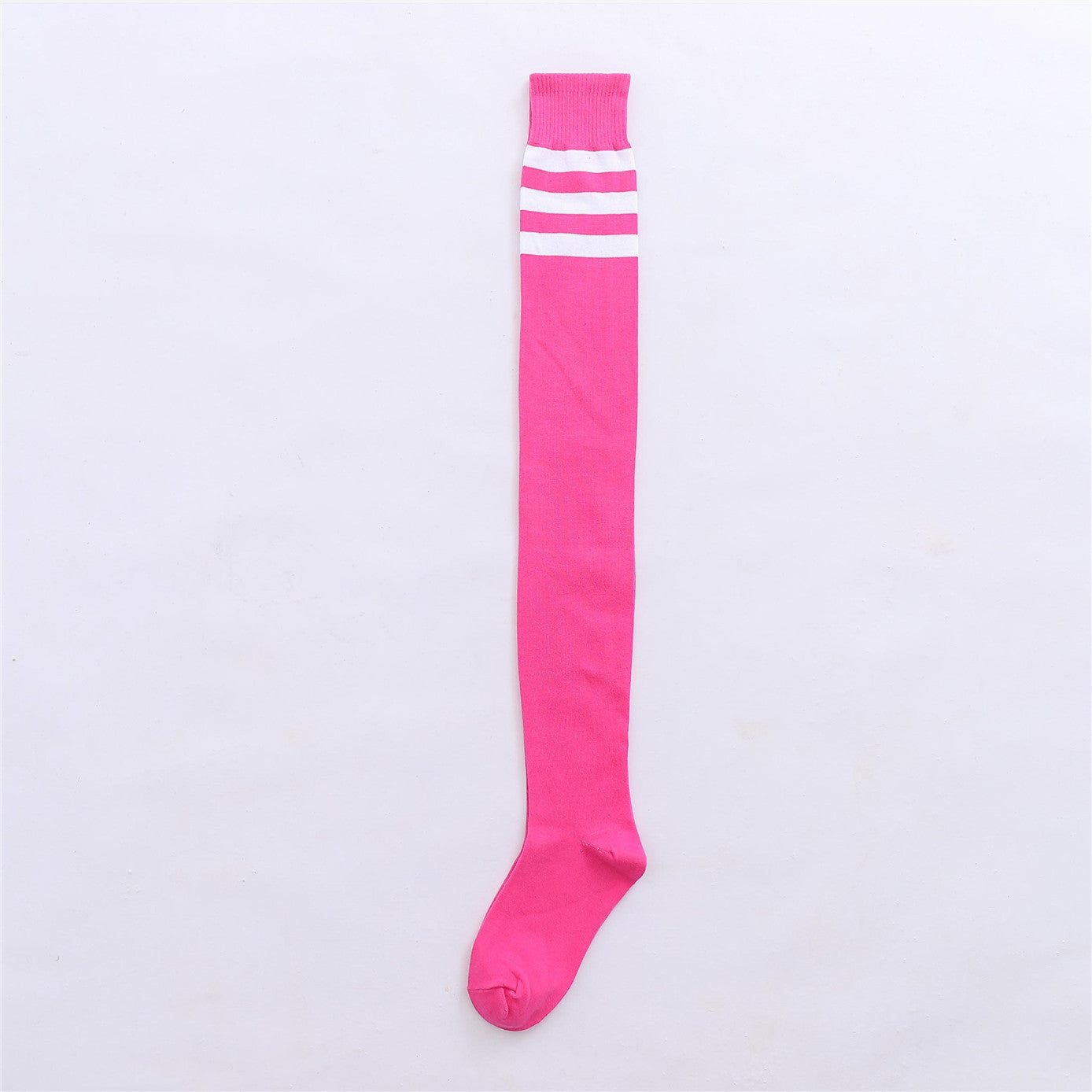 Vibrant pink striped thigh-high femboy socks displayed flat on white background, highlighting the contrasting white stripes near the top.