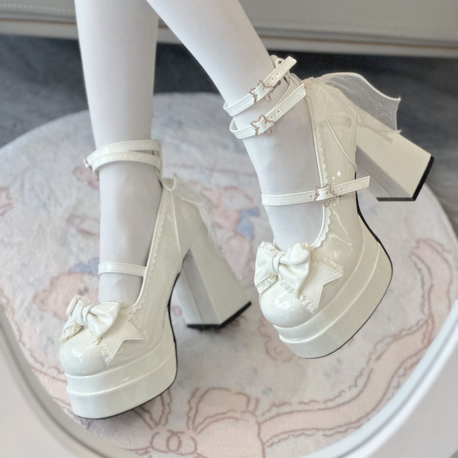 FemboyBox femboy heels cream platform mary jane bow t strap lolita on model