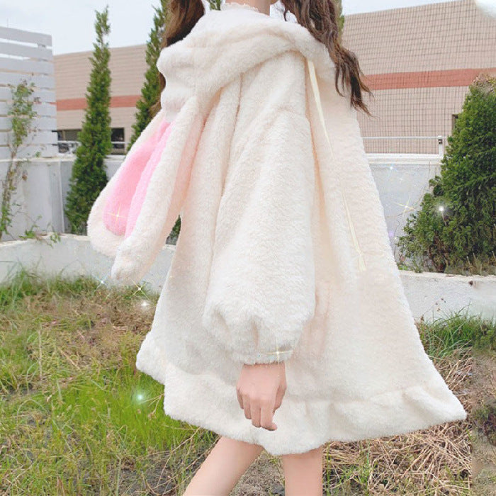 Black plush rabbit ear hooded coat full length product shot, oversized kawaii femboy outerwear