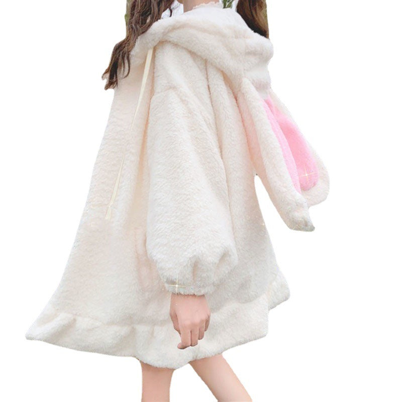 White fluffy rabbit ear hooded coat full length shot, kawaii femboy outerwear with pink ear detail