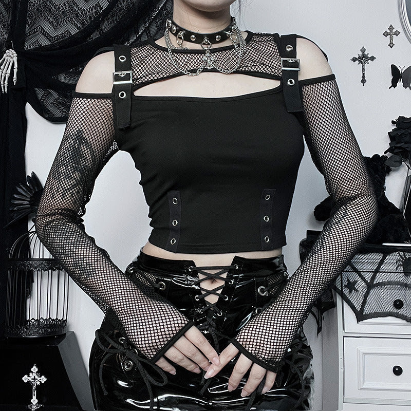 Detailed frontal view of a punk-inspired black crop top showcasing fishnet sleeves, metal buckle straps, and stylish dark fashion elements suitable for gothic outfits.