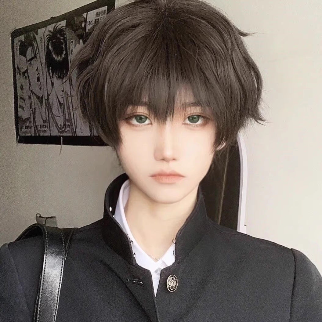Femboy wig cool brown short layered cosplay natural tousled cut