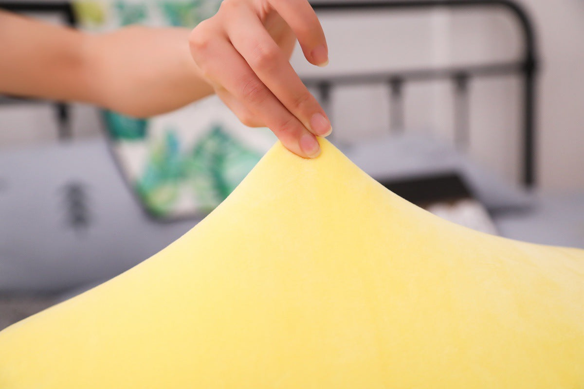 Soft Duck Plush stacked display showing blue duck plush resting on yellow duck plush, front-facing close-up shot on light wooden floor background, ultra-soft plush toy for cute room decor and cuddling