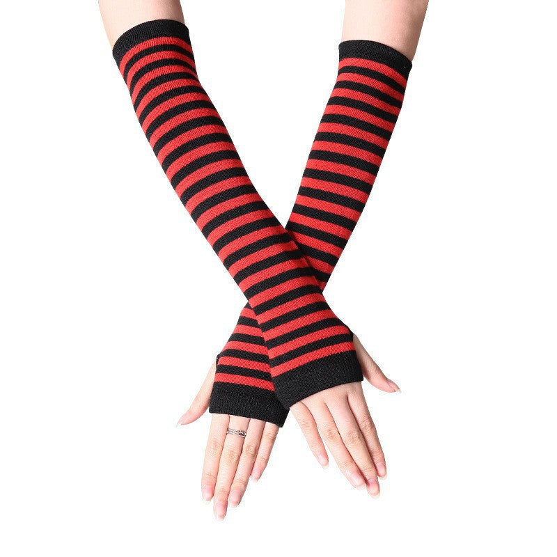 Burgundy and black striped fingerless arm warmers, dark femboy aesthetic elbow length