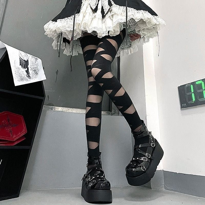 Femboy tights black bandage cutout pantyhose goth punk strappy on model