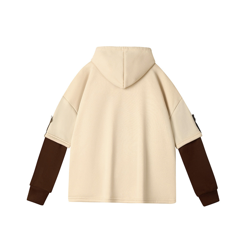 Rear view of a beige Vacuum Bear Hoodie with brown sleeves, capturing the casual and trendy vibe with its unique bear-shaped vacuum pouch, ideal for femboy fashion.