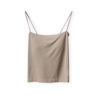 A beige padded long camisole with minimalist spaghetti straps, perfect for layering in casual femboy outfits, offering a seamless design for femboy clothing styles.