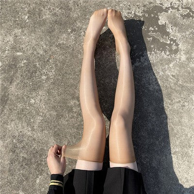 Beige glossy sheer thigh high stockings, cute femboy outfit hosiery ultra-thin finish