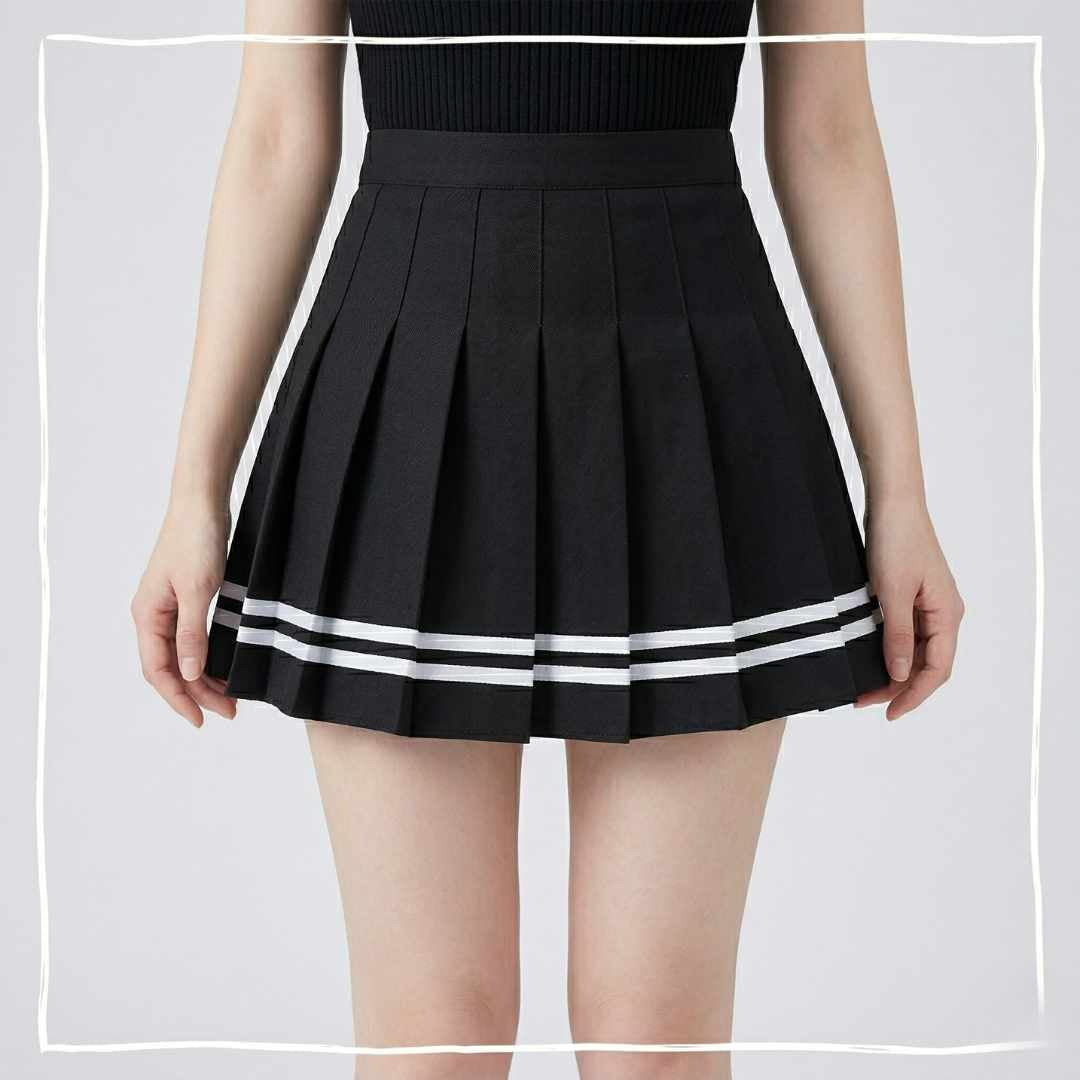 Person wearing black pleated mini-skirt from the Femboy Starter Pack, featuring a fitted waistband and two white stripes on the hem.