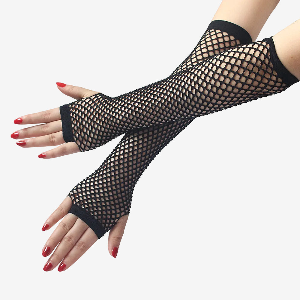 Studio photo of long black fishnet arm sleeves worn on crossed arms, featuring finger-loop design and open mesh ideal for femboy outfits and alt fashion.
