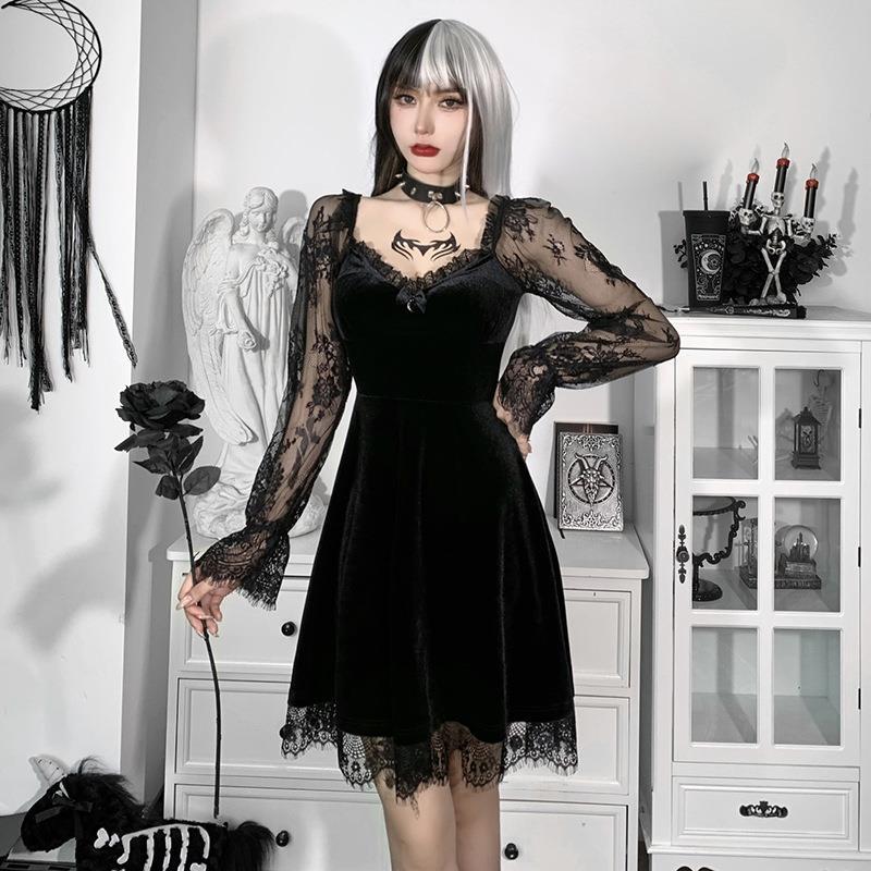 black gothic lace ruffle dress with transparent lace sleeves and soft velvet fabric for femboy dresses