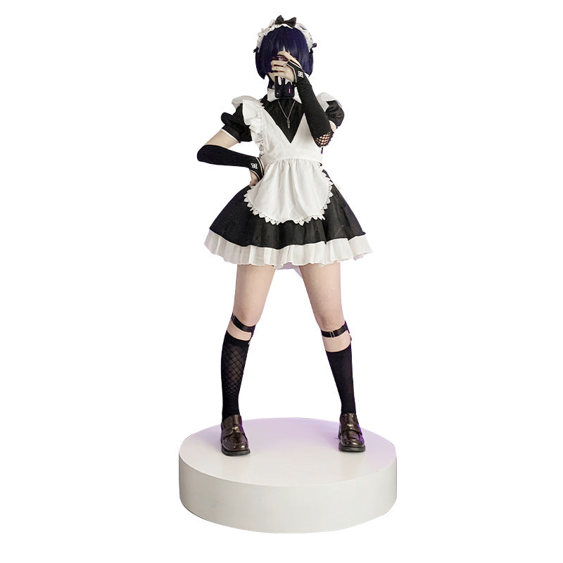 Femboy maid costume black white frilled apron cosplay back detail