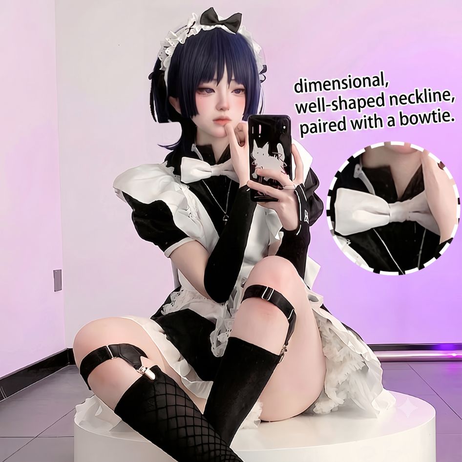Femboy maid cosplay costume black white apron headpiece on model