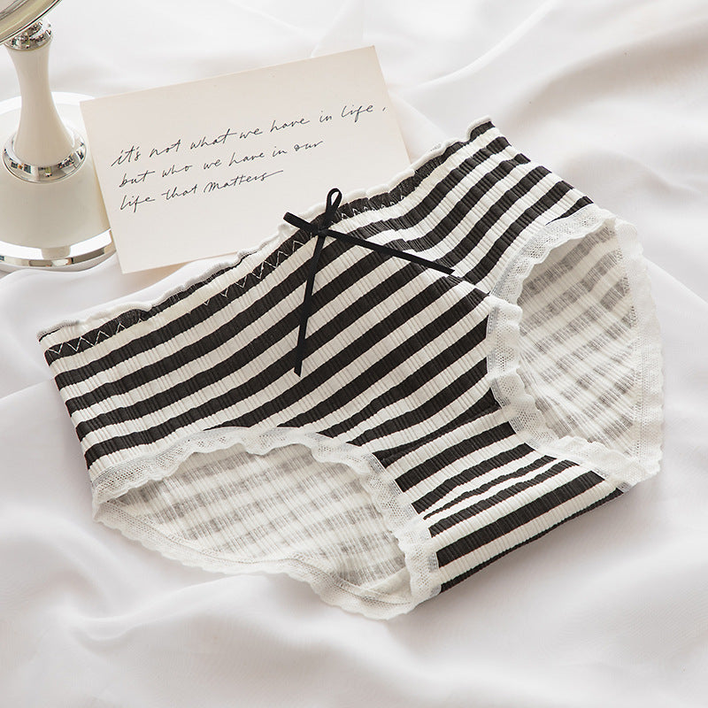 Top-down close-up of black and white striped Lolita Bowknot Panties featuring delicate lace trim and a central bow, perfect for femboy fashion enthusiasts seeking stylish undergarments.