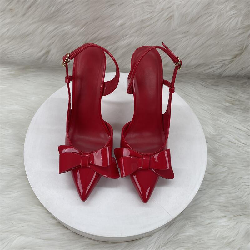 Femboy heels red stiletto slingback bow pointed toe angle view