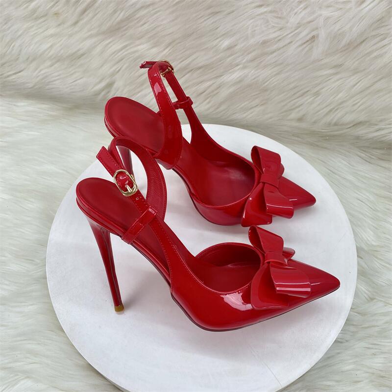 Femboy heels red stiletto slingback bow pointed toe patent party