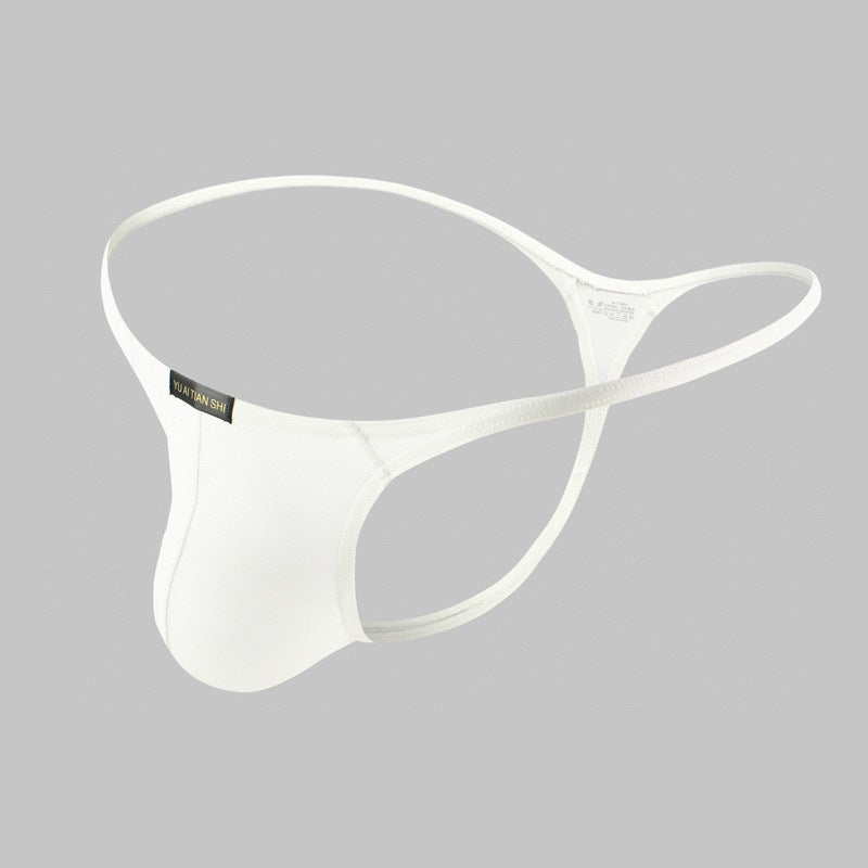 Minimalist product shot of a white breathable femboy thong on a neutral backdrop, captured at a three-quarter angle to show the smooth fabric and contour pouch; perfect for femboy clothes and femboy outfits.