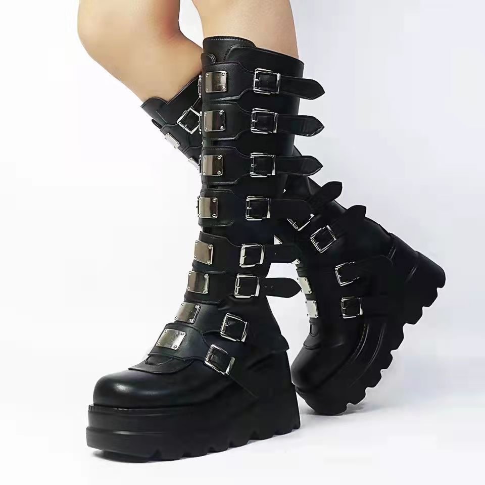 FemboyBox femboy boots black buckle platform combat goth punk knee high