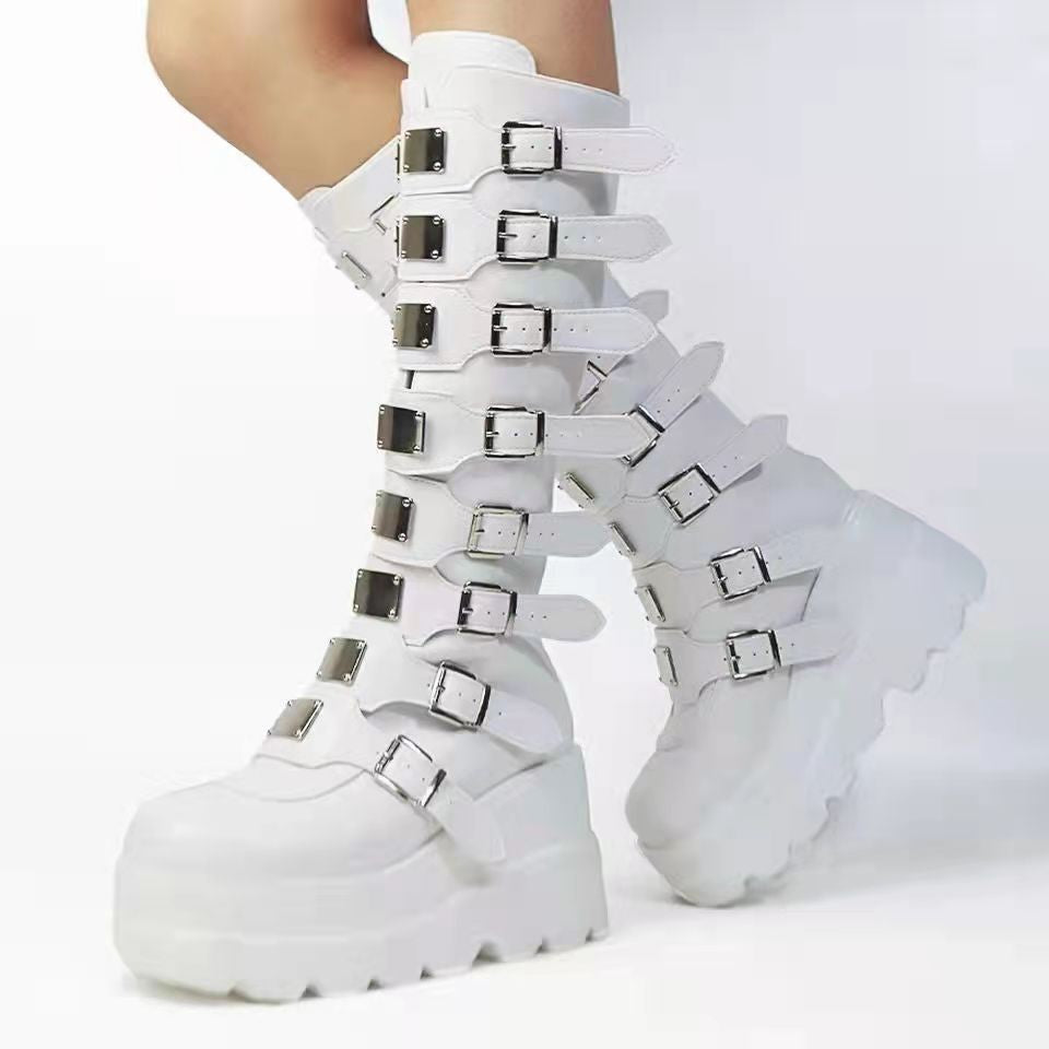 Femboy boots white buckle strap platform wedge punk combat side view