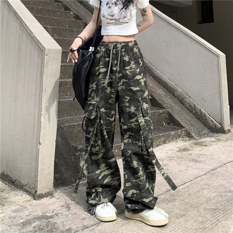 FemboyBox femboy pants camo cargo high waist wide leg tactical streetwear