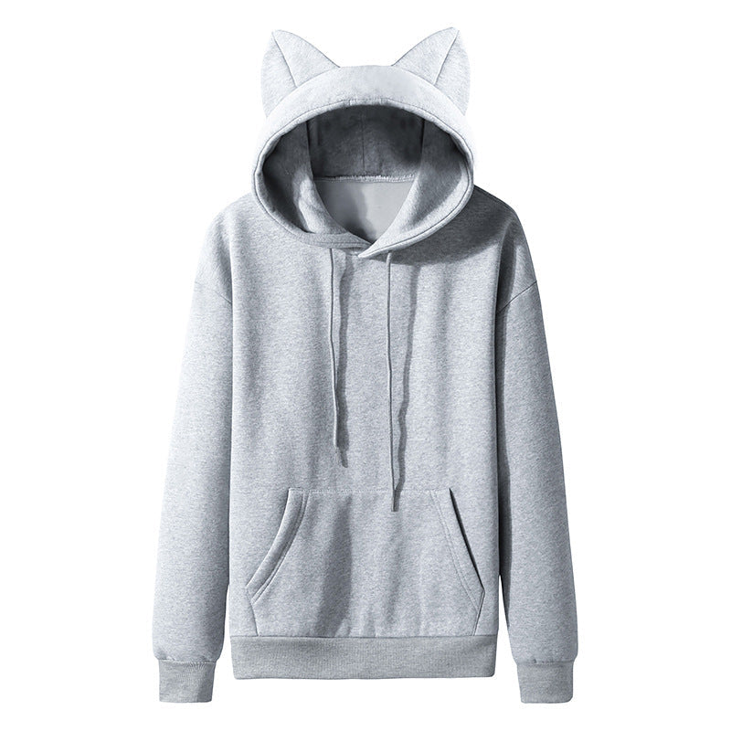 Grey cat ear femboy hoodie product shot, soft kawaii aesthetic sweatshirt