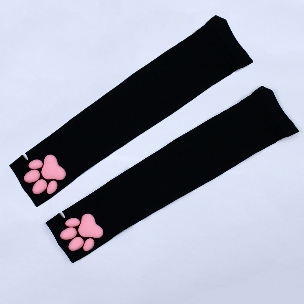 Femboy cat paw arm warmers black pair velvet catboy sleeve flat lay