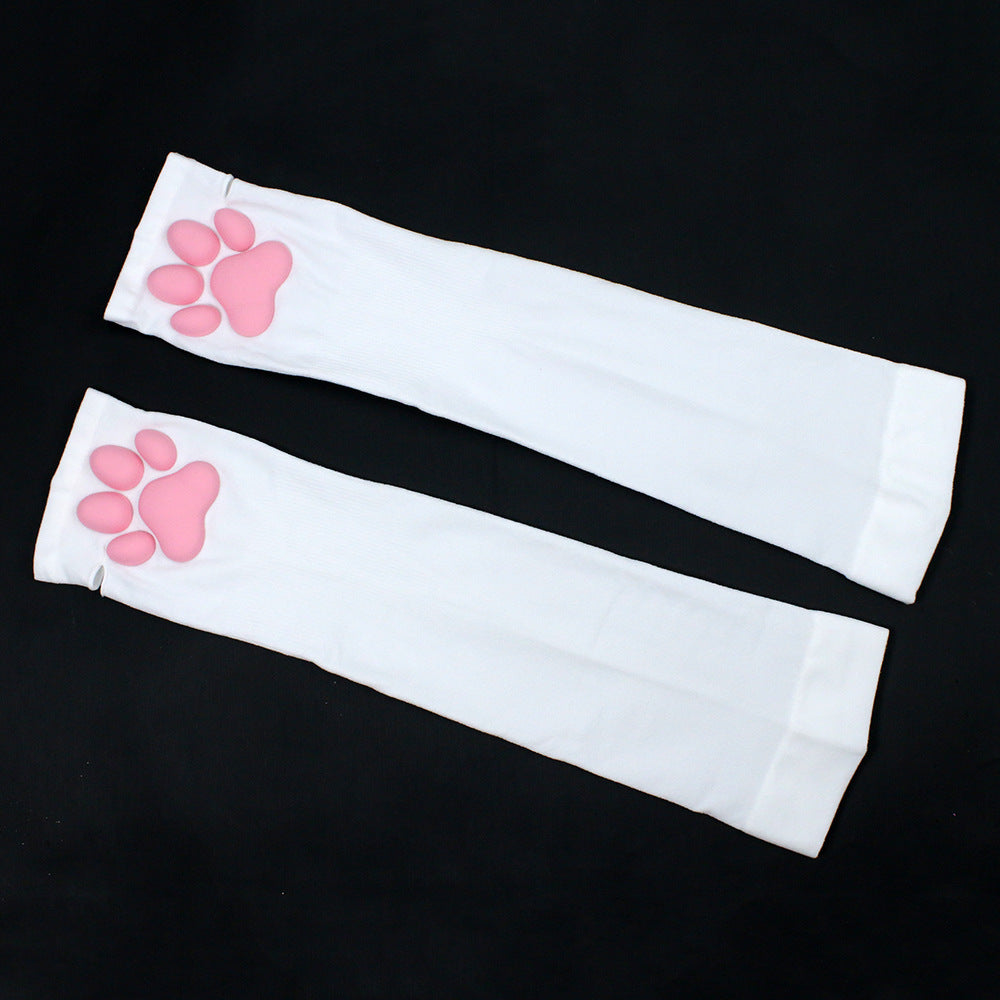 Femboy arm warmers white cat paw pad velvet catboy sleeve flat lay