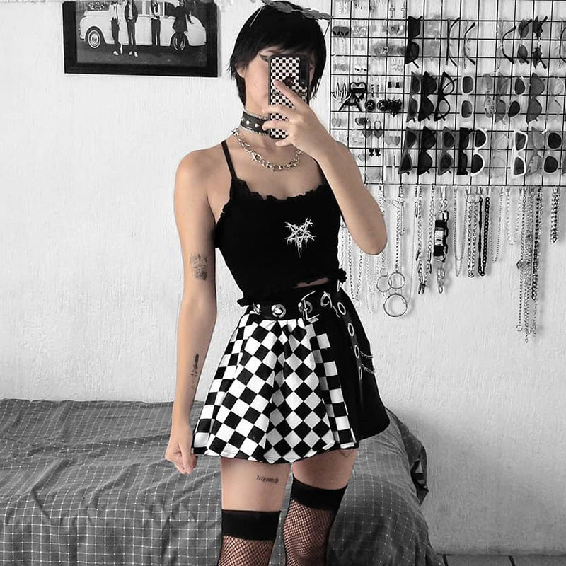 Black and white checkerboard gothic mini skirt mirror selfie, goth femboy aesthetic with thigh highs