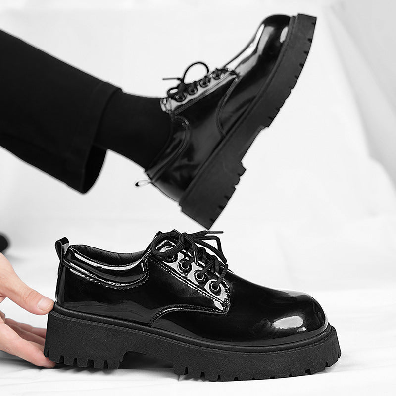 Femboy shoes black platform derby lace up patent chunky sole on foot