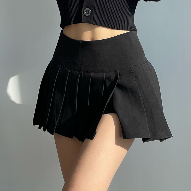 Classic black femboy pleated half skirt with a high-waisted design, enhancing any femboy clothing ensemble with a touch of sophistication.