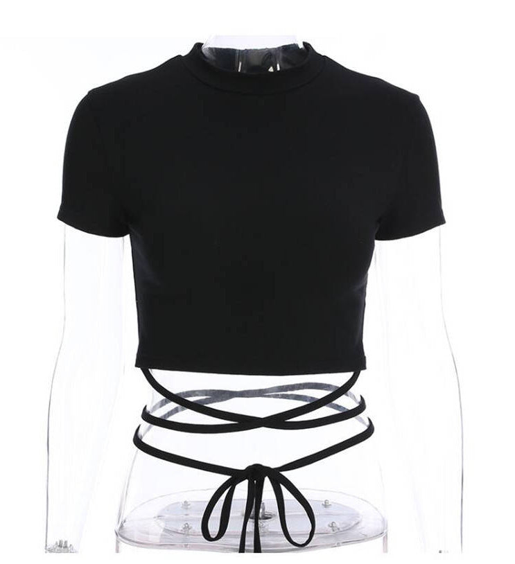 Femboy crop top black tie waist milk silk ultra cropped tee flat lay