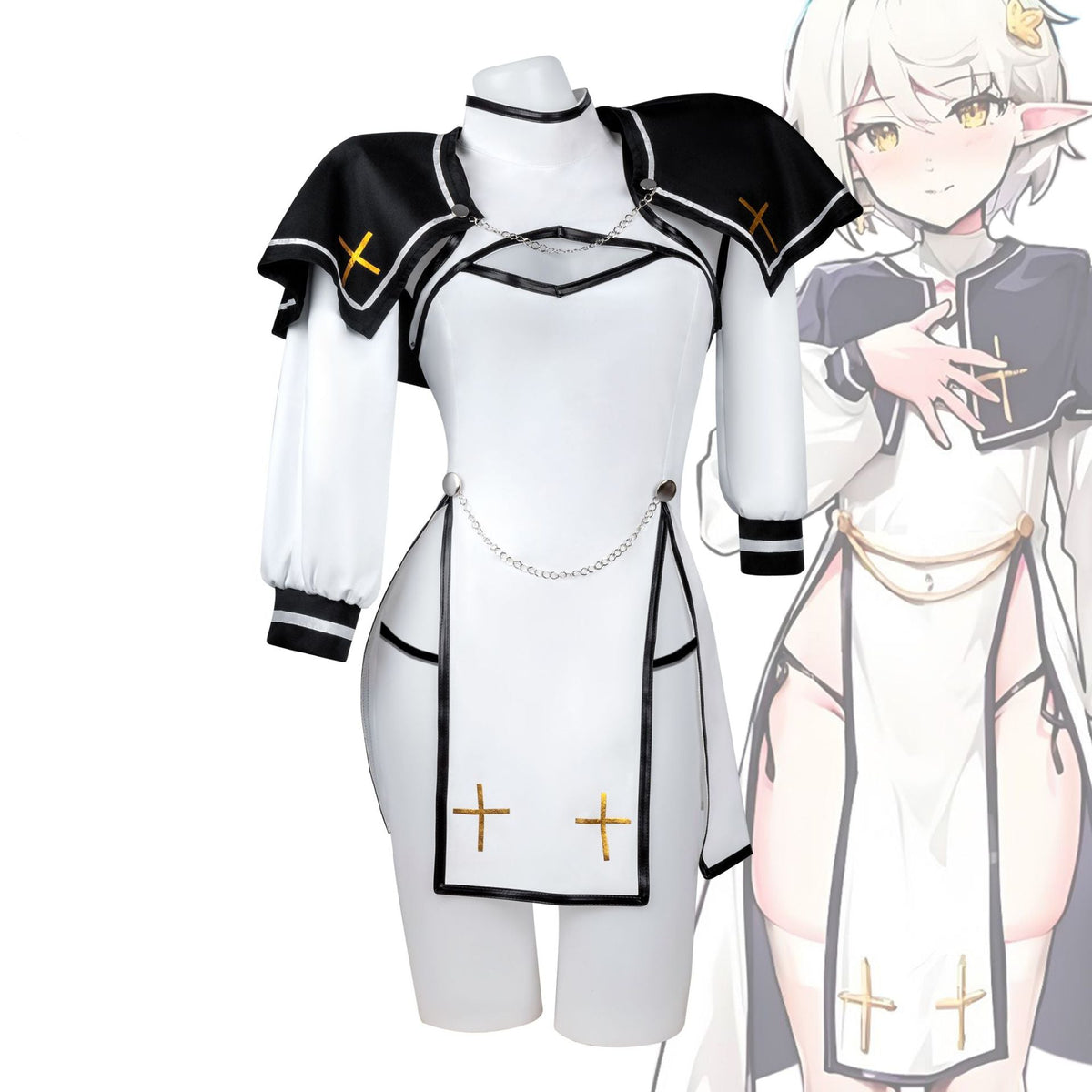 White cross priest cosplay dress with black capelet, side view showing gold cross embroidery and high slit