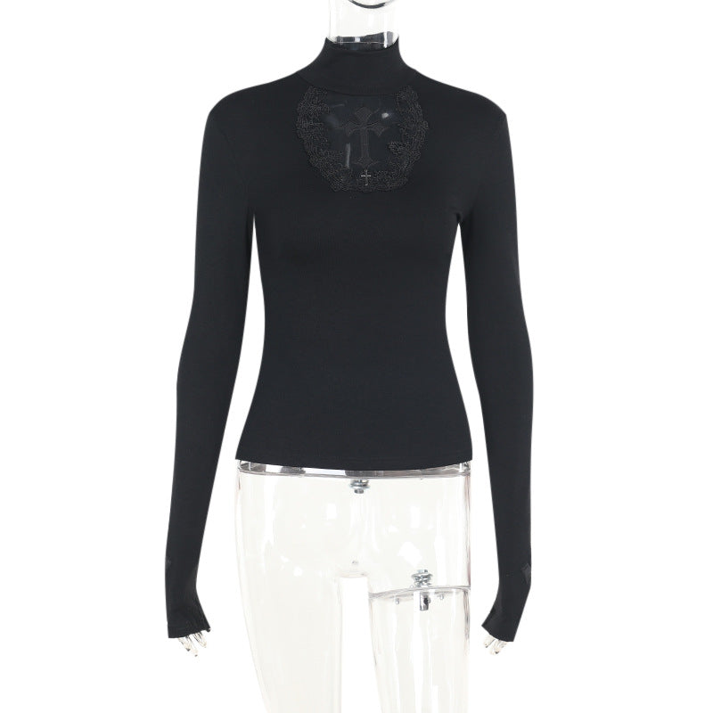 Black turtleneck lace panel long sleeve top product shot, goth femboy essential top