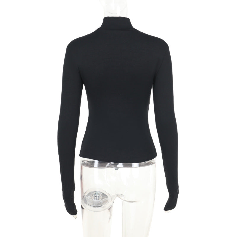 Black cross lace panel long sleeve femboy top product shot, white contrast background detail view