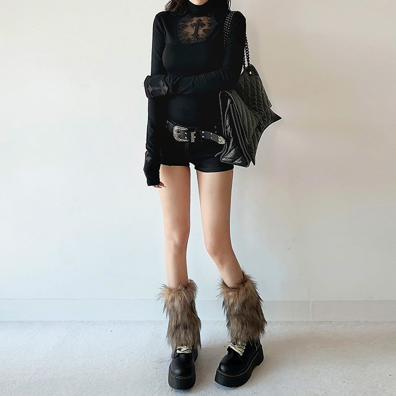 Black goth femboy lace panel long sleeve top full look with boots and leg warmers