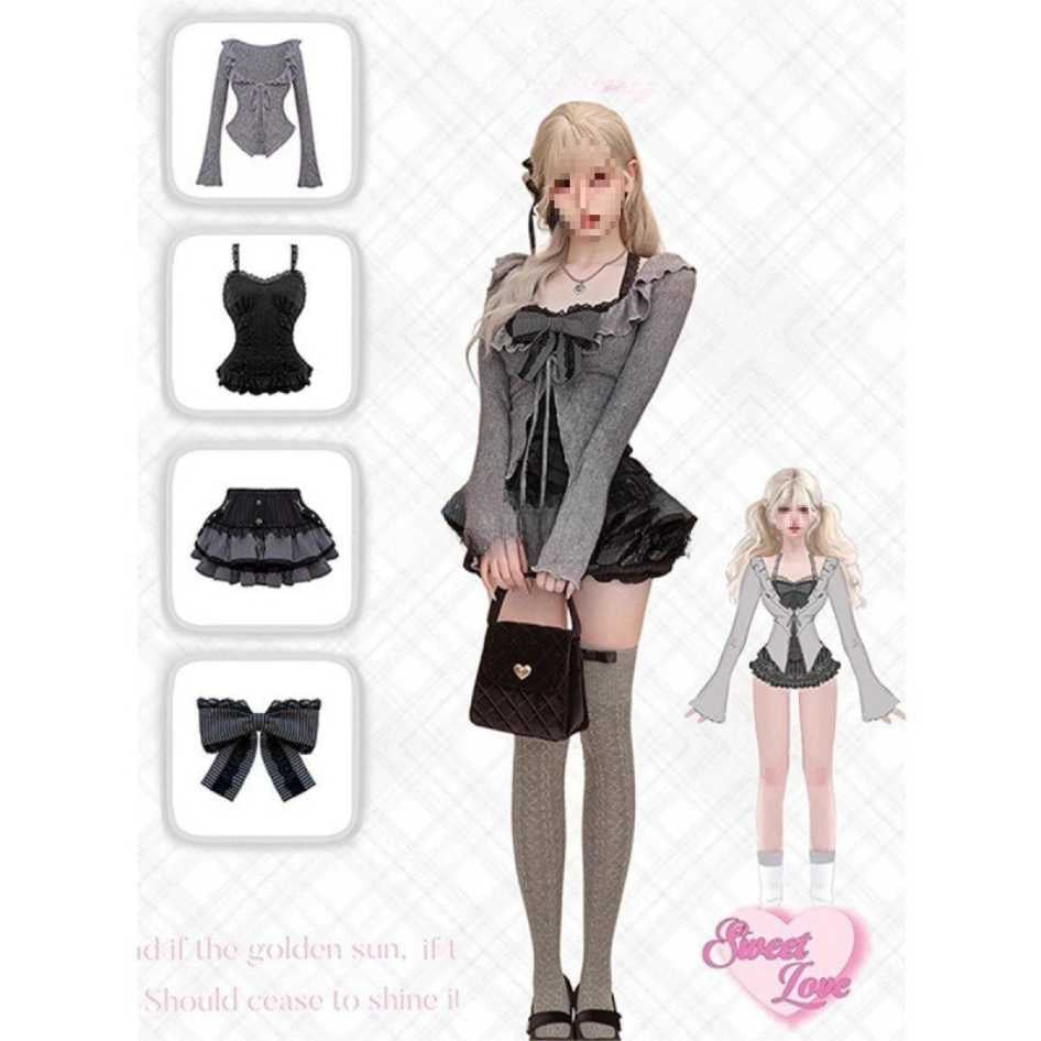 Dark lolita cami set product shot showing all 3 pieces, grey and black femboy gothic outfit components