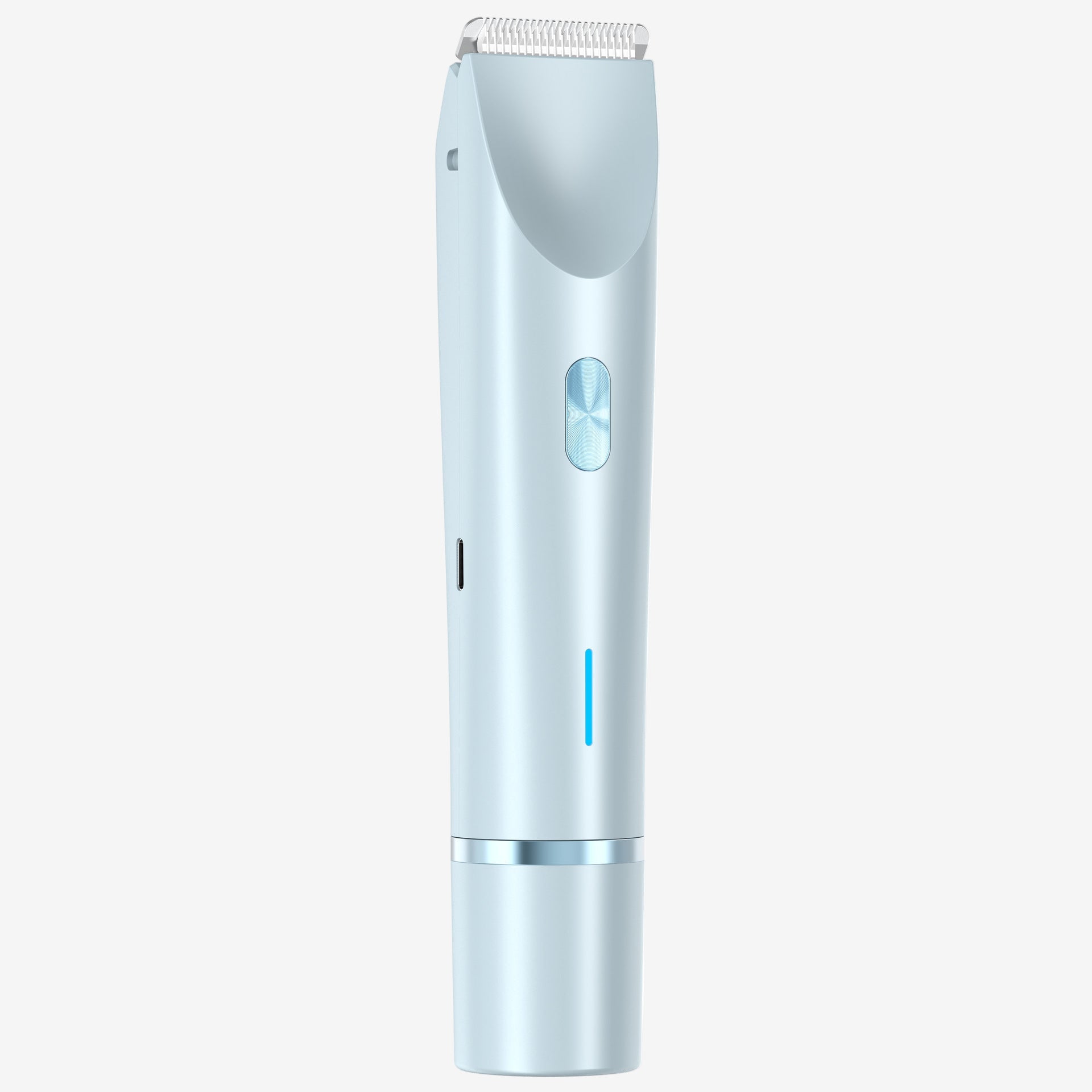 Dual head femboy shaving kit in light blue displayed upright in a clean studio shot on a white background, rechargeable electric grooming tool designed for precise and gentle femboy grooming.