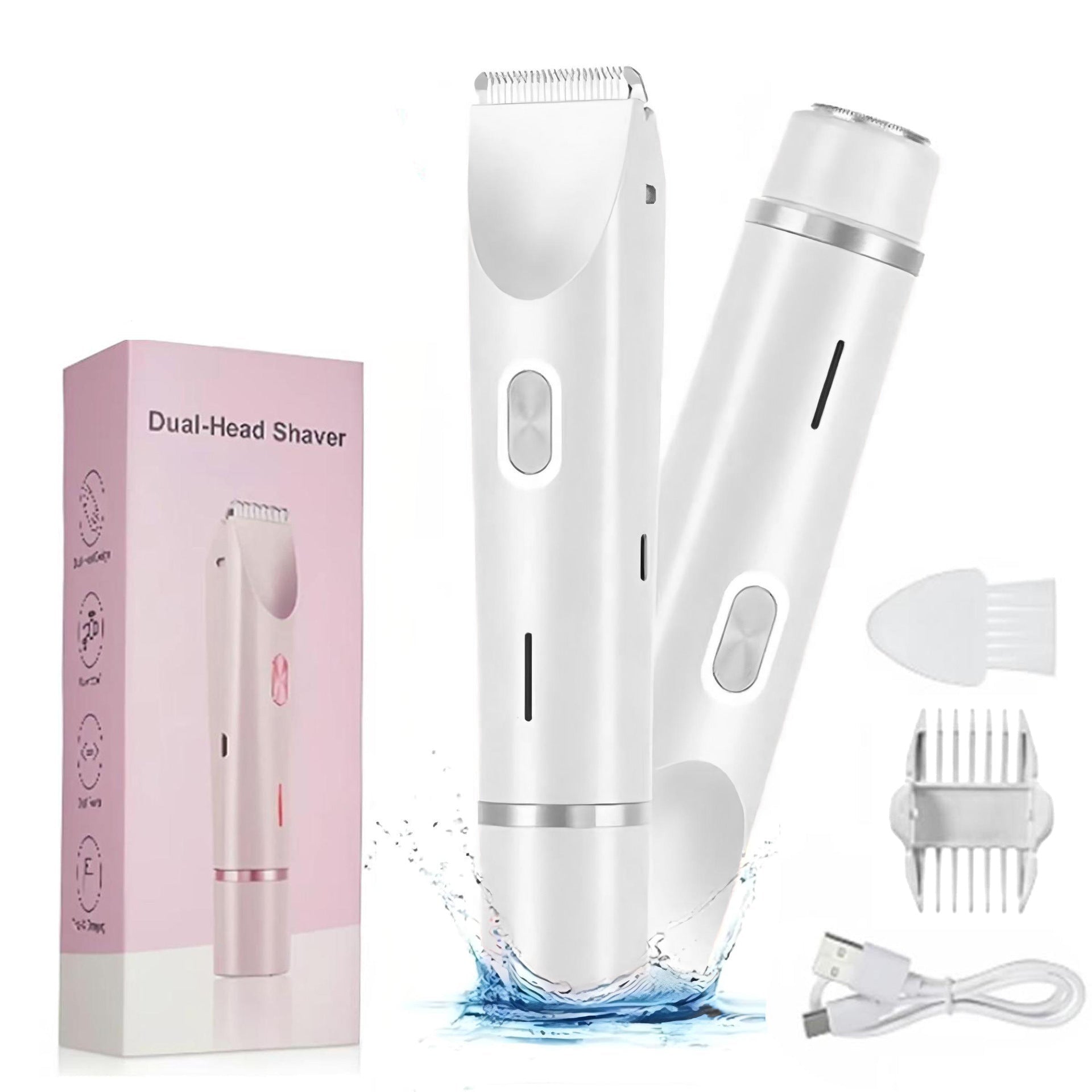 Dual head femboy shaving kit displayed with retail box packaging, front-facing product layout highlighting electric groomer and branded box for femboy grooming accessories on white background.