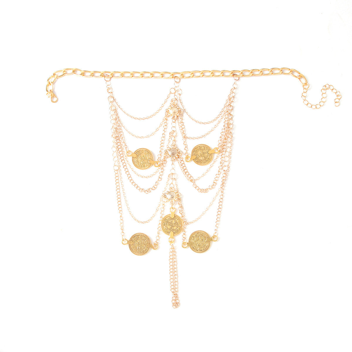 Elegant gold exotic femboy anklet with coin charm layers on a white background, stylish for femboy fashion outfits.