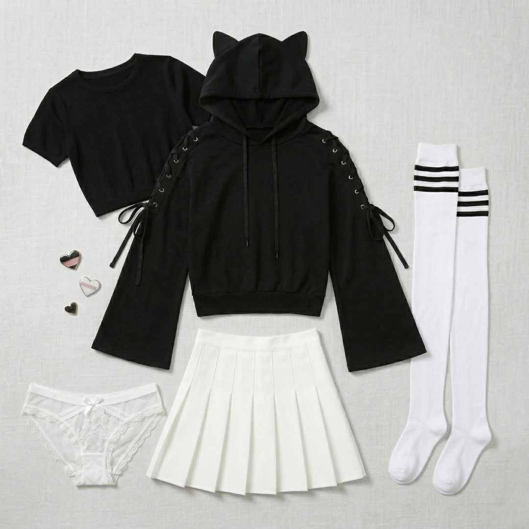 Black and white advanced femboy kit with cat ear hoodie, pleated mini skirt, thigh high socks and lace panties from FemboyBox