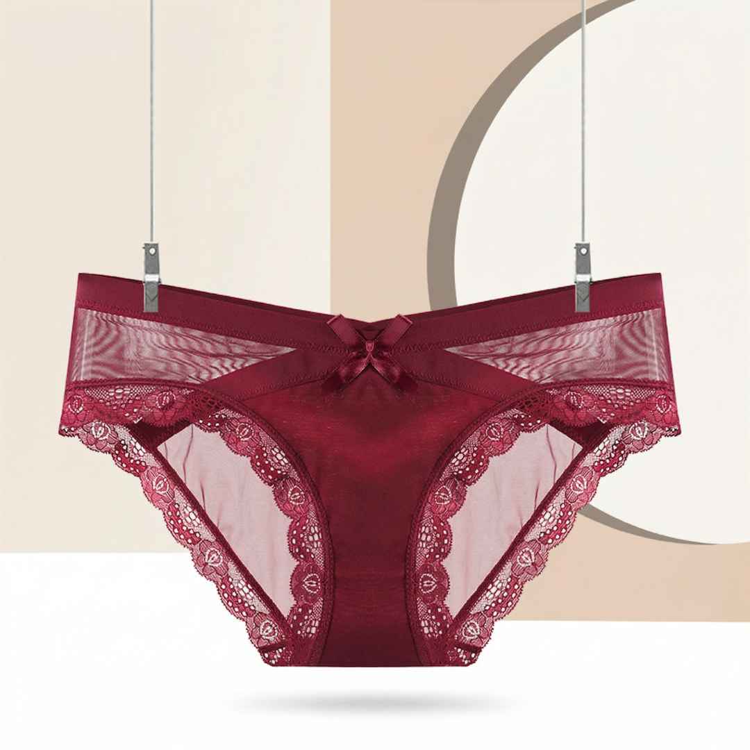 Burgundy sheer mesh femboy lace panties with bow knot detail, femboy lingerie product shot