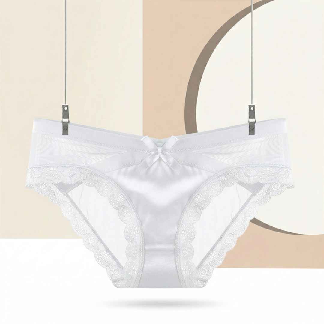 White sheer mesh femboy lace panties with bowknot trim, cute femboy lingerie product shot