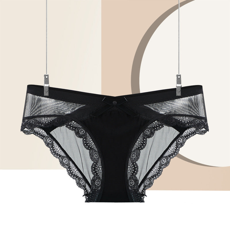 Studio front shot of black mesh lace Femboy Bowlace Panties, best femboy panties.