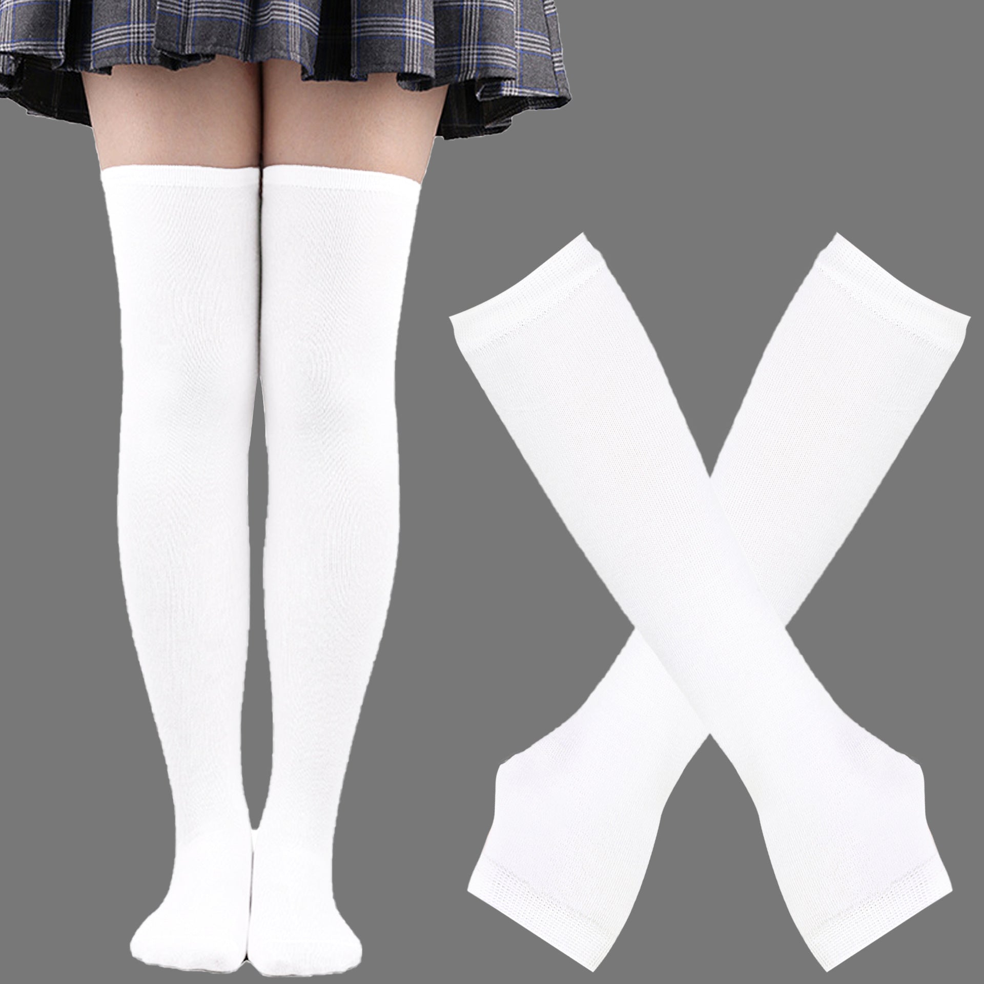 Plain white knee-high socks from Femboy Box, ideal for a classic femboy outfit, featuring a smooth texture and snug fit around the calf.