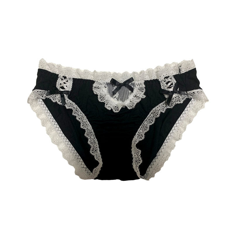 Close-up image of black Bowknot Maid Panties featuring intricate white lace details and black satin bows. The photo showcases the panties laid flat against a white background, highlighting the delicate design perfect for femboy outfits and femboy clothing styles.