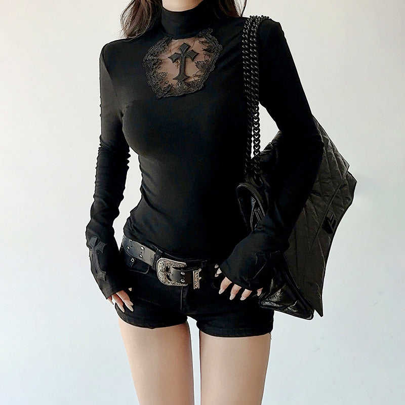 Black femboy long sleeve top with cross lace panel chest detail and flared cuffs, goth aesthetic from FemboyBox